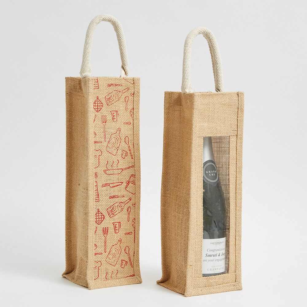 one-bottle-natural-jute-bag-with-laminated-interior eye-catching printed one bottle jute bag laminated interior - Direct from No.1 Ethical bag Manufacturer of UK